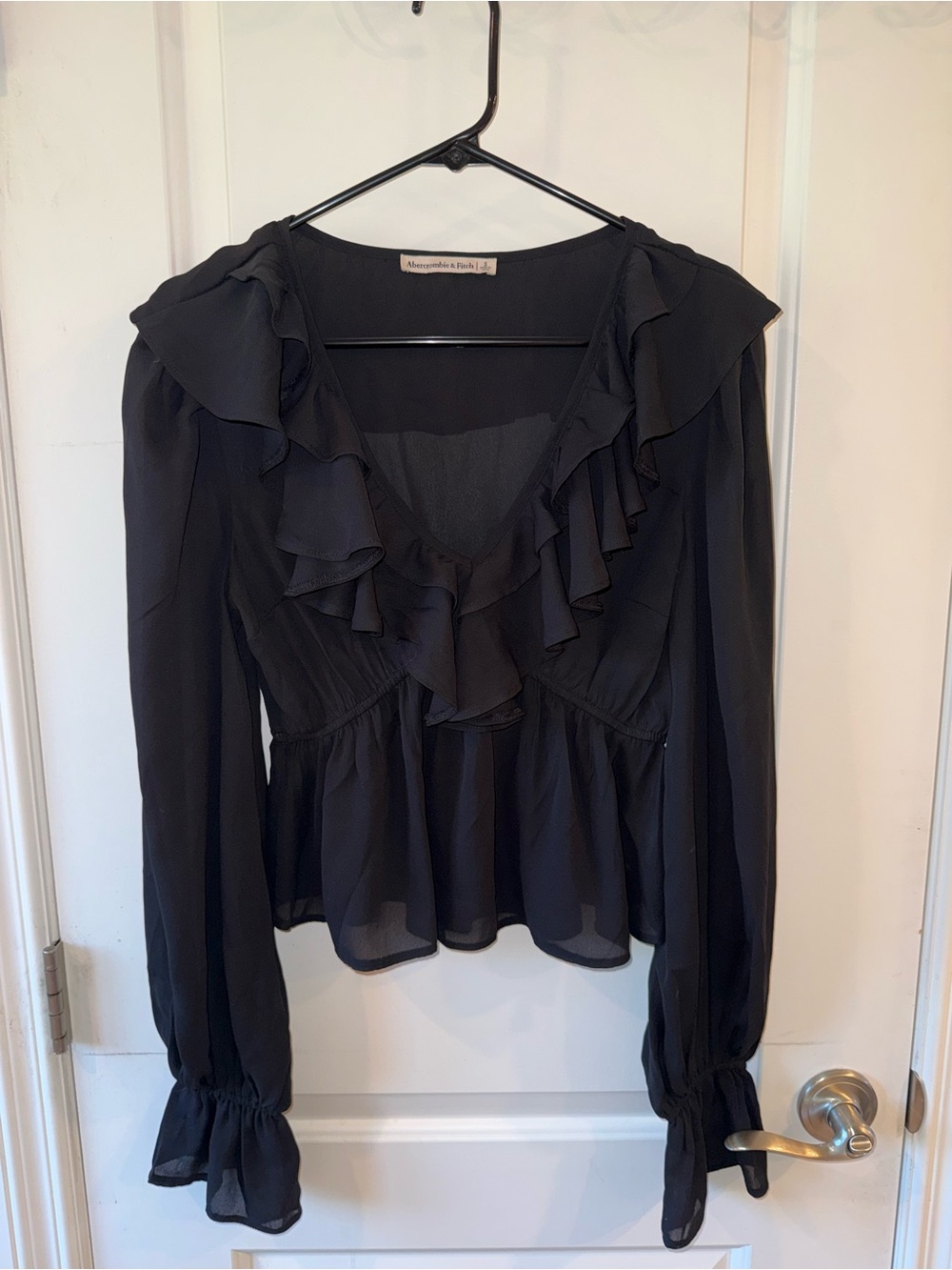 Abercrombie & Fitch Black Ruffle Long-Sleeve V-Neck Chiffon Top